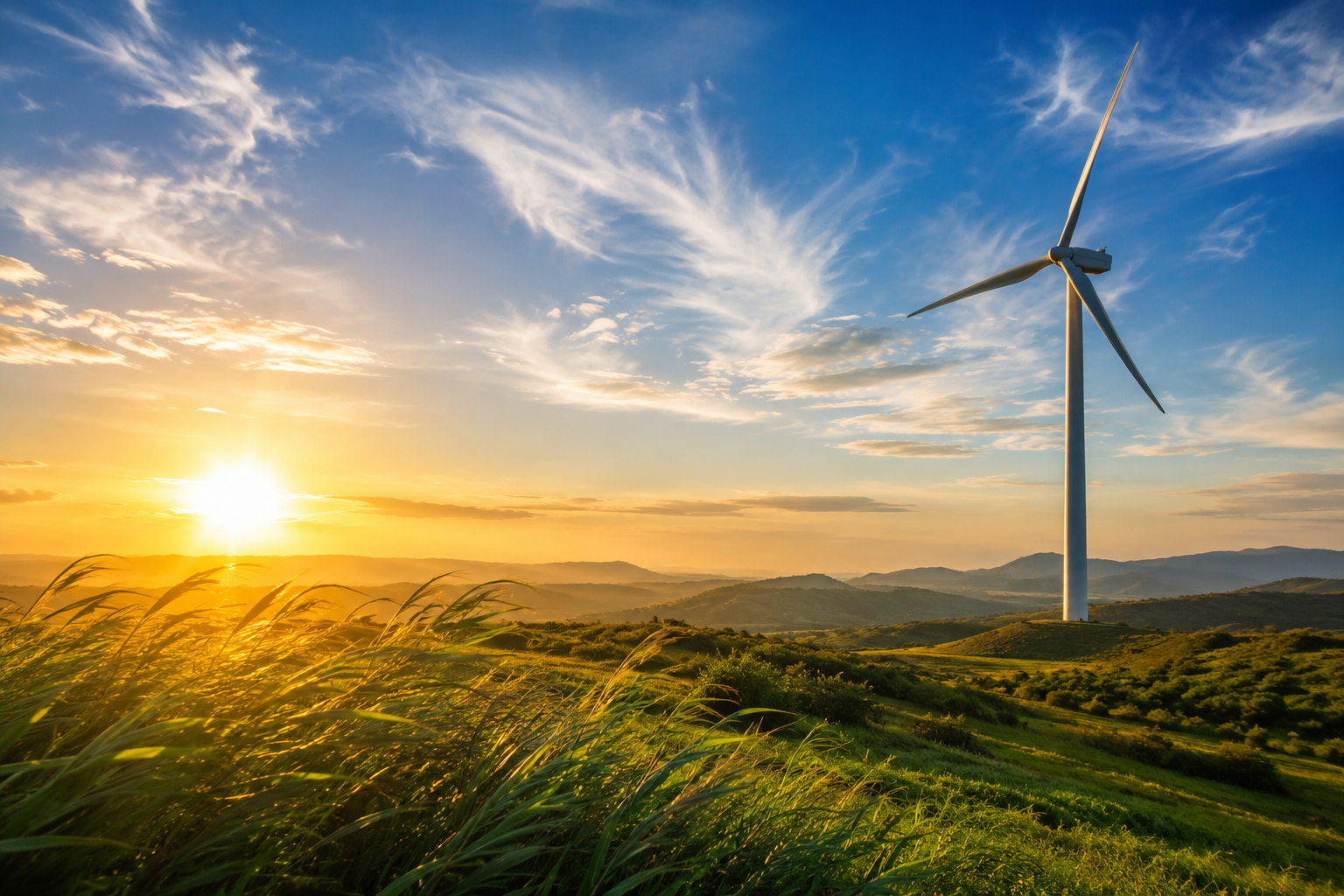 Paisaje de energía renovable con sol, viento y sostenibilidad
